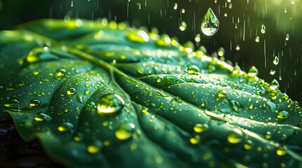 Close-Up of Rain Drops on Green Leaf in Nature – Fresh Water Droplets, Eco Concept, Botanical Texture, and Rainfall Scene with Natural Light