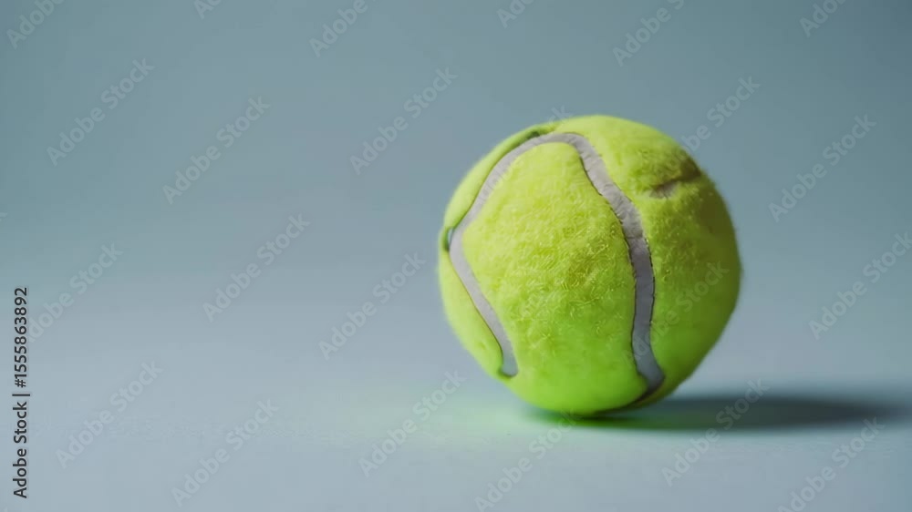 Poster bright yellow tennis ball spinning slowly against light blue seamless background, presenting clean a