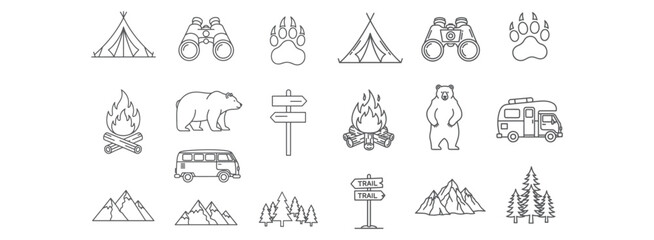 Minimalist Camping and Outdoor Adventure Icons Set – Line Art Collection Featuring Tents, Campfires, Bears, Mountains, Trees, Vans, RVs, Trails, and Nature Elements for Travel and Hiking Design