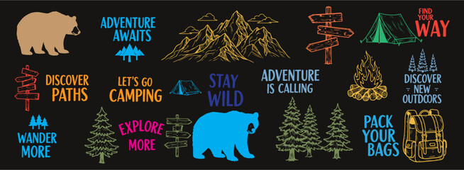 Outdoor adventure badge set with camping quotes and forest illustrations. Perfect for t-shirt designs, stickers, travel gear, or hiking-themed merchandise.
