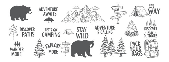 Outdoor adventure badge set with camping quotes and forest illustrations. Perfect for t-shirt designs, stickers, travel gear, or hiking-themed merchandise.1