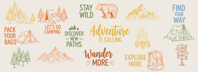 Outdoor adventure badge set with camping quotes and forest illustrations. Perfect for t-shirt designs, stickers, travel gear, or hiking-themed merchandise