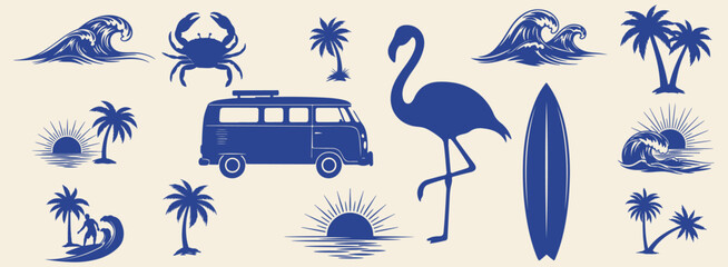 Vector graphic set with a tropical surf theme graphics. Perfect for t-shirt print, posters, and other surfing related designs.