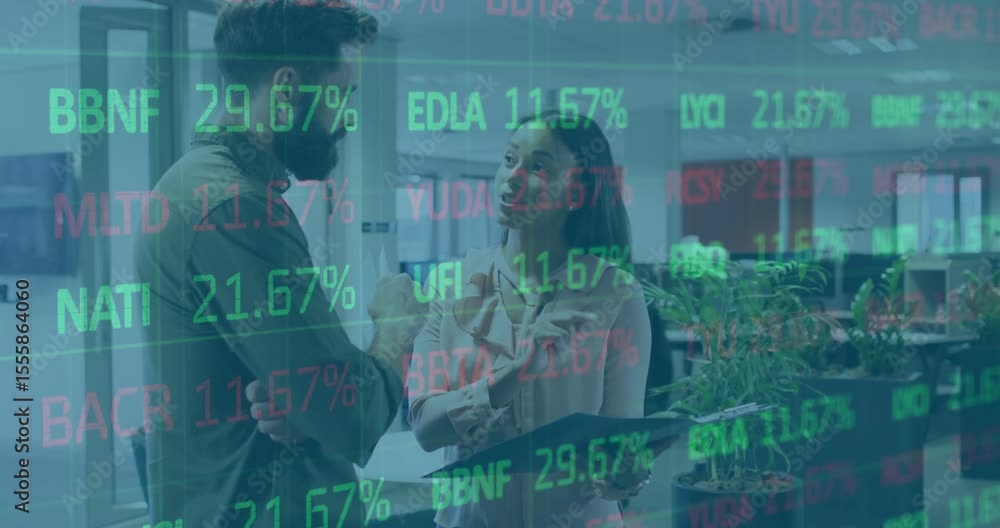 Poster woman pointing at printed report and causing finance data overlay while man reviewing in office
