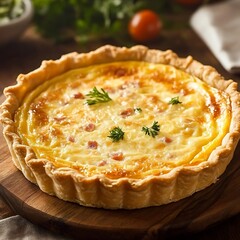 Delightful homemade quiche lorraine on a wooden board close up shot