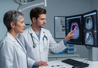 Doctors analyzing brain scan images on monitors in hospital