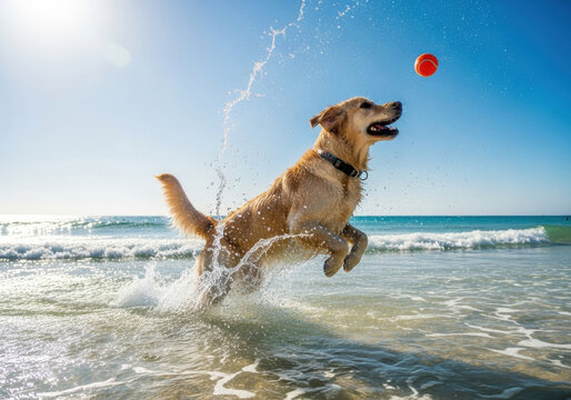 Golden retriever joyfully jumps in ocean chasing ball