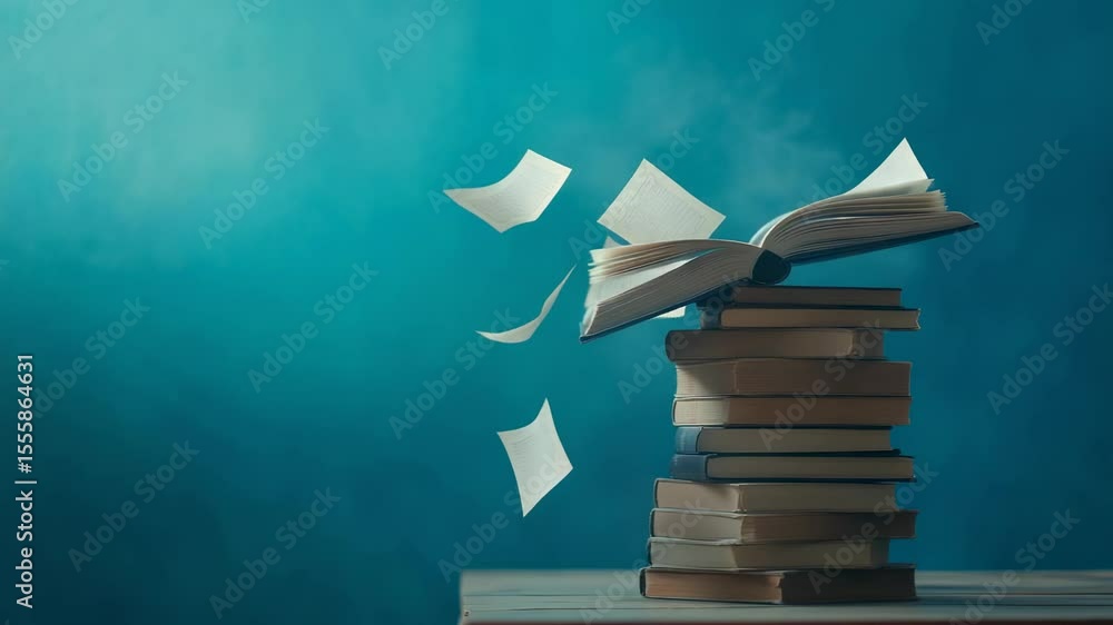 Aufkleber Open book with pages flying out of it rests atop a stack of closed books, symbolizing the continuous learning process and the exploration of knowledge