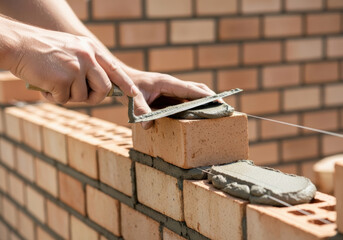 Worker laying bricks with cement on construction site