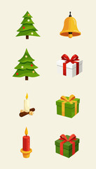 Christmas icons including tree, gifts, bell, and candle designs  