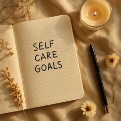 A notebook showing self-care goals rests alongside a pen, candle, and dried flowers on fabric.