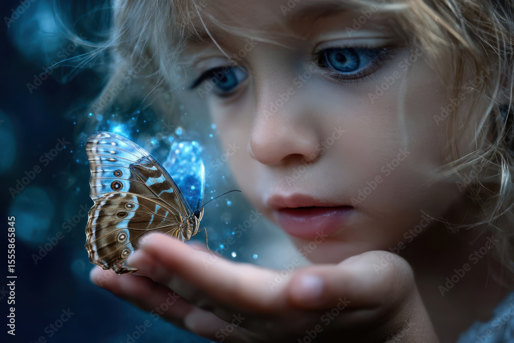 Poster child interacts with butterfly in a magical forest setting during twilight hours