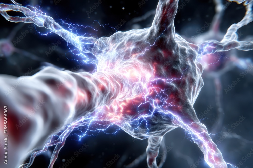 Poster exploring the intricate structure and function of a neuron transmitting electrical signals