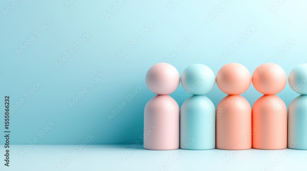Poster three miniature figures in alignment, a study of small objects and minimalist composition