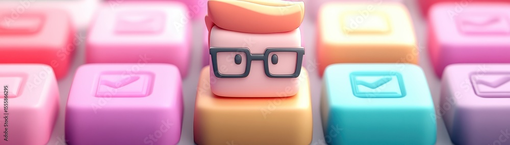 Poster modern workspace essentials, glasses resting on computer keyboard, closeup view