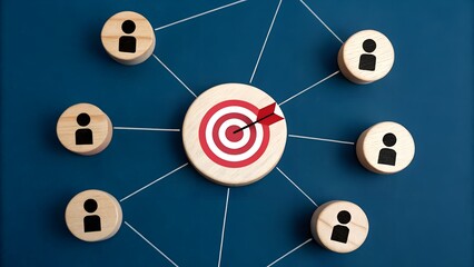 Customer relationship management concept. wooden block with target icon linked with human icons for customer focus group. Data exchanges development and customer service