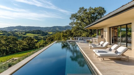 Fototapeta premium A view of the hills from an infinity pool with la white lounge chairs, overlooking distant mountains