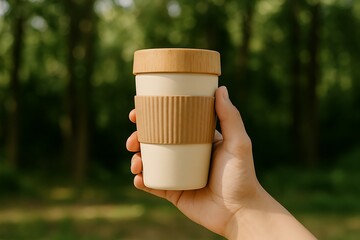 Reusable Coffee Cup Held Outdoors with Nature Background