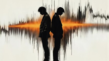 Two figures in profile, facing away, against a backdrop of abstract, vertical lines and an orange-toned central band - Powered by Adobe