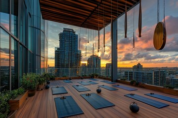 Serene Rooftop Yoga Studio with City Skyline and Sunset Vibes