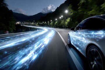 Car drives on illuminated road with light trails at night in a mountainous area