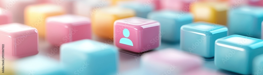 Poster vibrant 3d cube composition with interactive blue button, a colorful geometric design