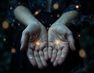 Mystical hands with golden light energy and magical particles flowing in dark ethereal space - spiritual healing, magic power, and supernatural forces concept