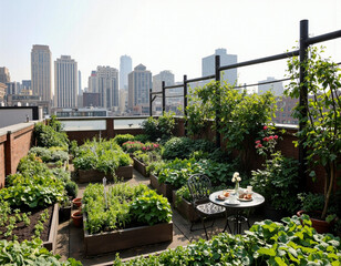 Urban rooftop garden terrace with city skyline view - green outdoor living space, patio furniture and lush plants in modern apartment balcony setting