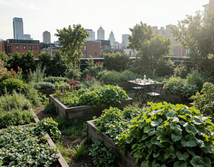 Urban rooftop garden terrace with city skyline view - green outdoor living space, patio furniture and lush plants in modern apartment balcony setting