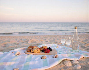 Romantic beach picnic setup with wine bottle, fresh fruits and cheese on blanket at sunset - seaside dining, vacation and leisure lifestyle concept
