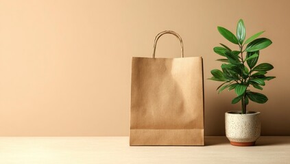 Minimalist Still Life Brown Paper Bag and Green Plant Against Neutral Backdrop