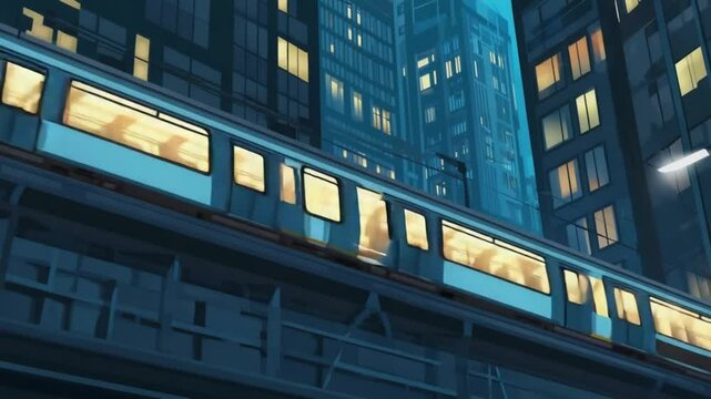city metro train passing between high rise buildings at night with urban lights, metro train city, metro train night, Commuter Train in Modern Downtown, Elevated Railway Transport Scene