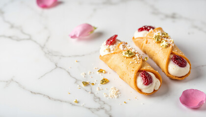 Cream-filled cannoli with rose petals on marble table surface  