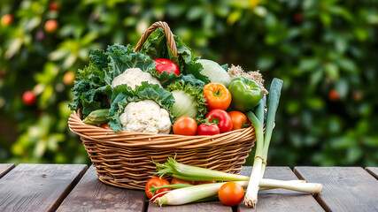 Wicker basket overflowing with fresh garden vegetables
