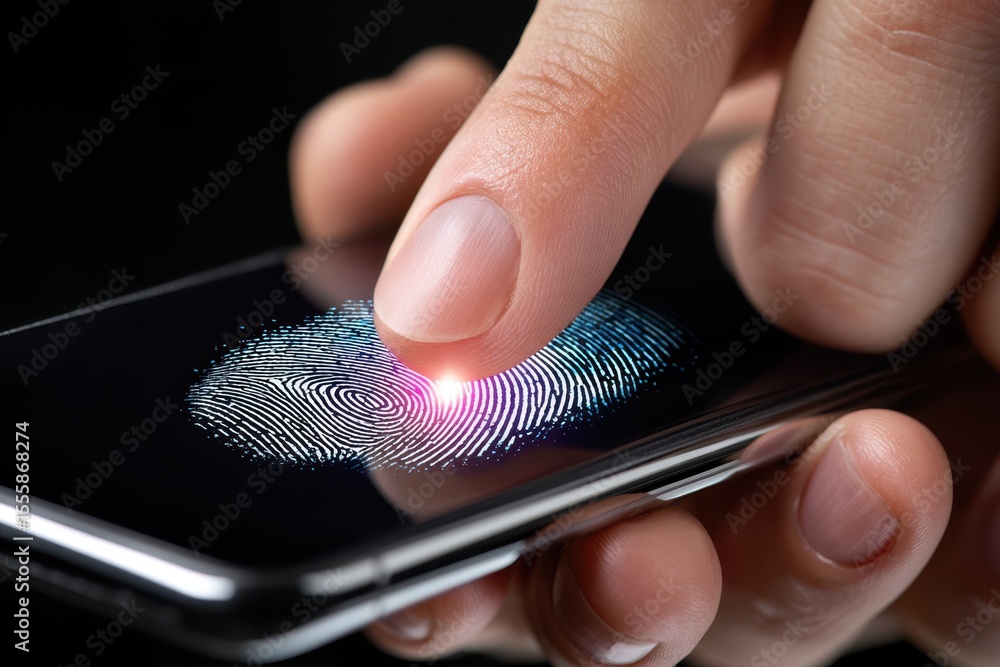 Aufkleber user activates fingerprint scanner on smartphone for secure access