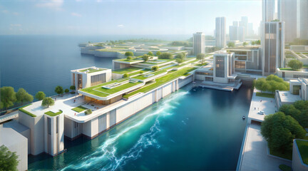 Obraz premium Futuristic waterfront cityscape features modern architecture with green rooftops and canal. design emphasizes sustainability and climate change adaptation, blending nature with urban living
