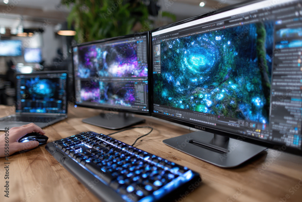 Poster creating a vibrant digital project in a modern workspace with multiple monitors