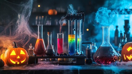 Chromatograph in a Halloween themed lab analyzing spooky substances like glowing liquids and mysterious chemicals surrounded by eerie lighting cobwebs and pumpkin decorations for a haunting effect