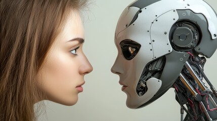 Artificial intelligence, portrait of a futuristic woman with robot head and face