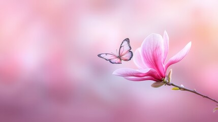 Fototapeta premium Delicate butterfly in flight over vibrant pink flower in sunny garden butterfly