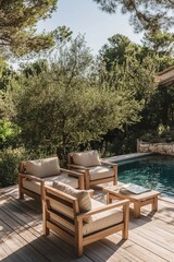 Fototapeta premium Outdoor teak lounge set by pool