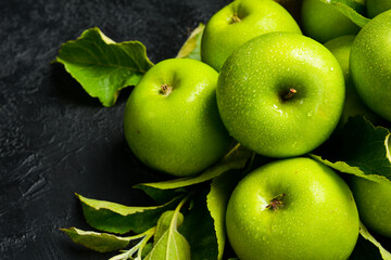 A set of green ripe apples. Close-up.