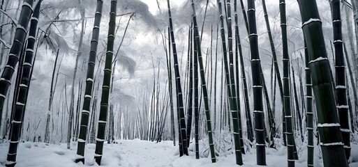 Obraz premium Snow-covered bamboo groves in a remote, silent winter landscape with soft light and untouched snow, ideal for peaceful nature, travel, and seasonal visuals
