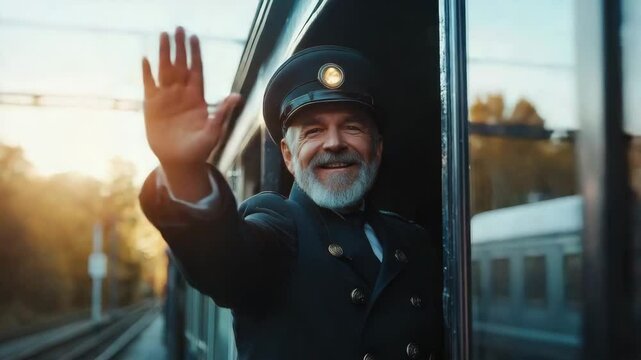 Smiling train conductor waving from train window during sunset with autumn trees and warm light over blurred railway tracks background