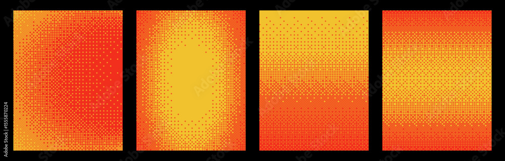 Poster Orange pixelated bitmap texture background set. Retro pixel art, glitch dither pattern, 8 bit yellow background. Leisure or arcade games duotone border frame. Vector illustration
