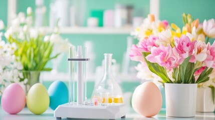 Chromatograph in a spring themed laboratory separating colorful plant extracts from flowers with vibrant Easter decor and soft pastel colors in the background symbolizing natures purity