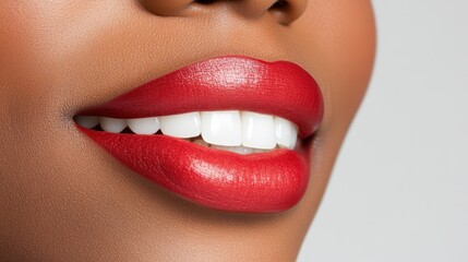 Naklejka premium Vibrant red lipstick and dazzling white teeth, a closeup of perfect smile closeup