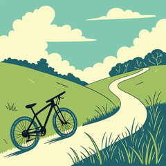 Obraz premium Bicycle on a winding path through a green landscape with clouds
