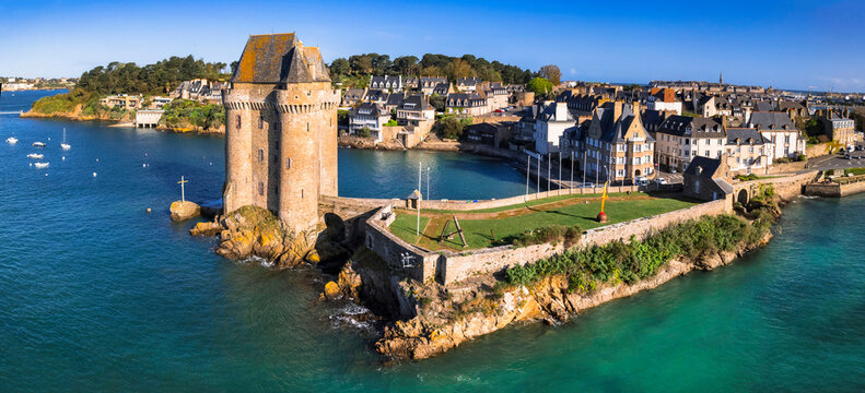 France , Brittany travel and landmarks. aerial view of Solidor tower and medieval city of Saint Malo. Popular tourist destination and attraction.