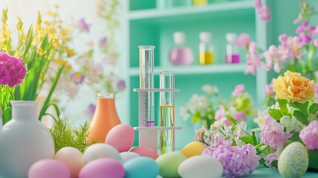 Fototapeta Chromatograph in a spring themed laboratory separating colorful plant extracts from flowers with vibrant Easter decor and soft pastel colors in the background symbolizing natures purity
